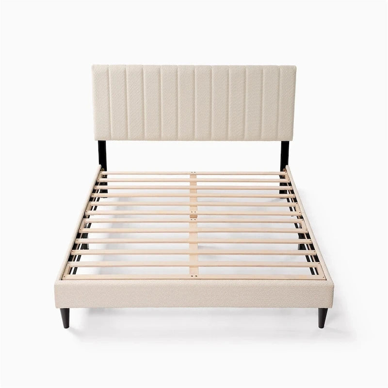 Queen Platform Bed with Tufted Boucle Upholstered Headboard, 800 lb Capacity, Grey/Cream White