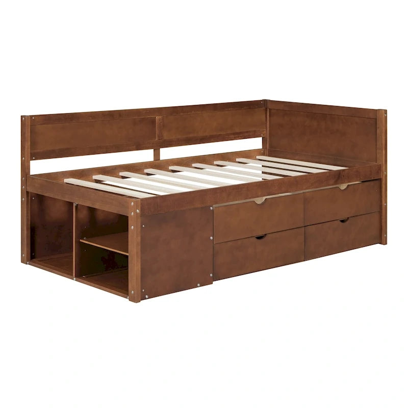 Twin Size Daybed with 2 Pull-Out Drawers & 3 Shelves, Wood Frame, Modern Storage Bed