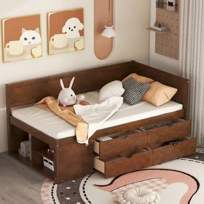 Twin Size Daybed with 2 Pull-Out Drawers & 3 Shelves, Wood Frame, Modern Storage Bed