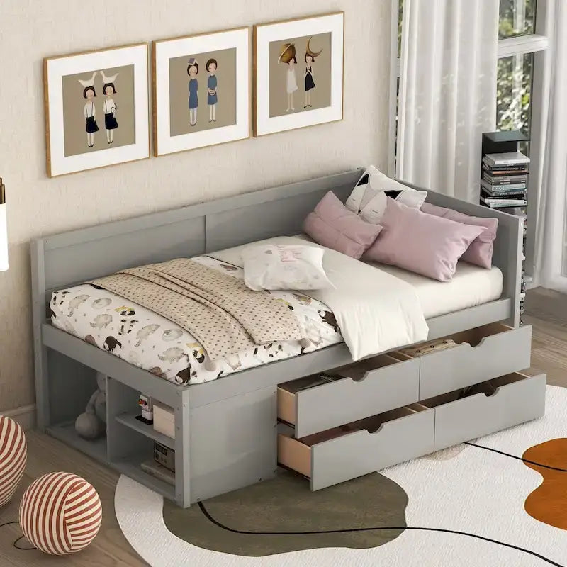 Twin Size Daybed with 2 Pull-Out Drawers & 3 Shelves, Wood Frame, Modern Storage Bed