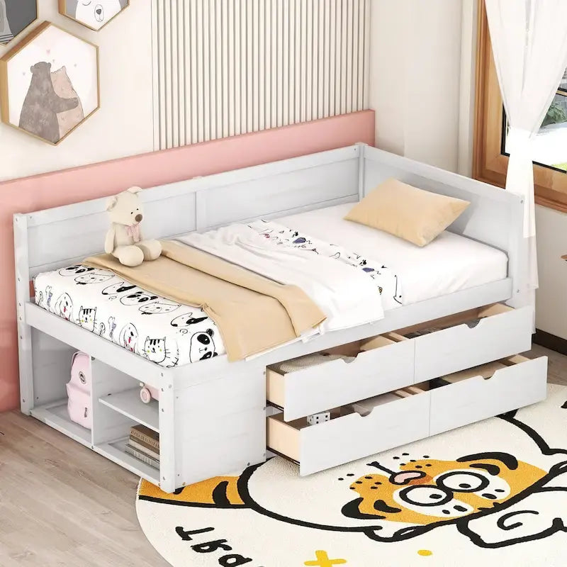 Twin Size Daybed with 2 Pull-Out Drawers & 3 Shelves, Wood Frame, Modern Storage Bed
