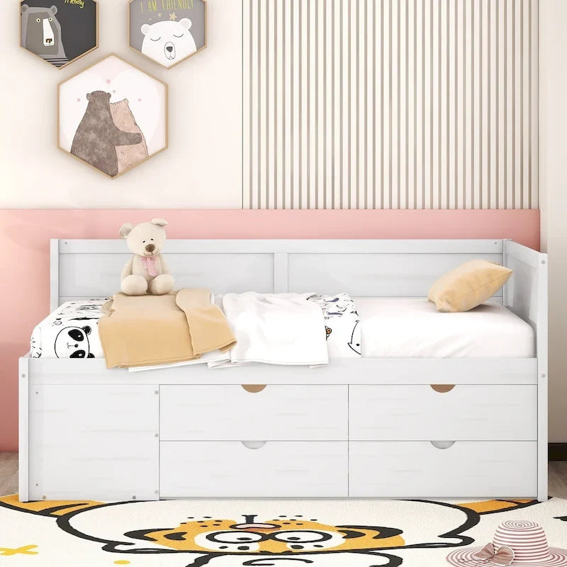 Twin Size Daybed with 2 Pull-Out Drawers & 3 Shelves, Wood Frame, Modern Storage Bed