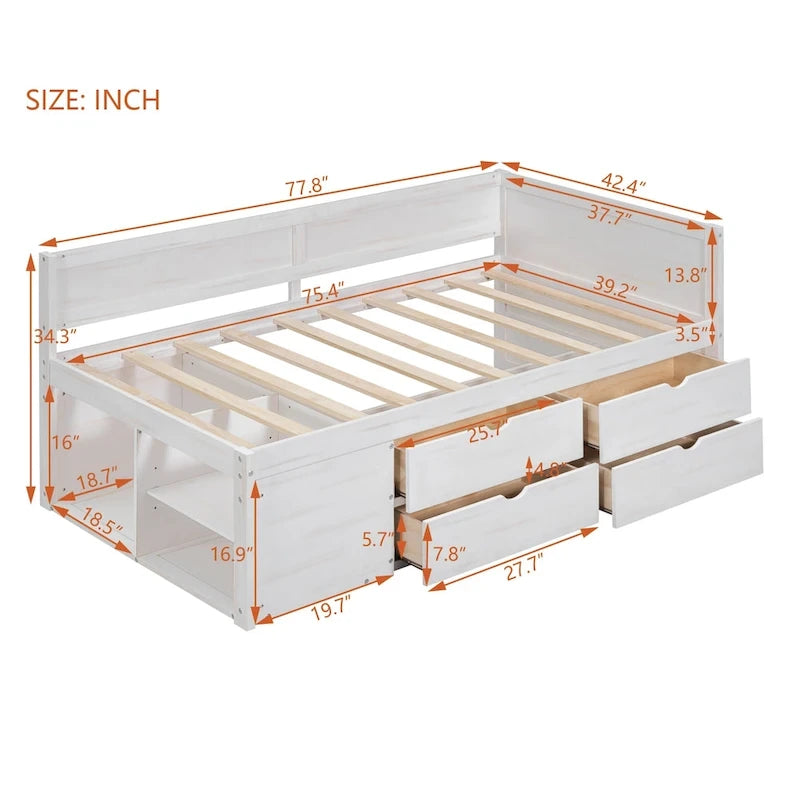 Twin Size Daybed with 2 Pull-Out Drawers & 3 Shelves, Wood Frame, Modern Storage Bed