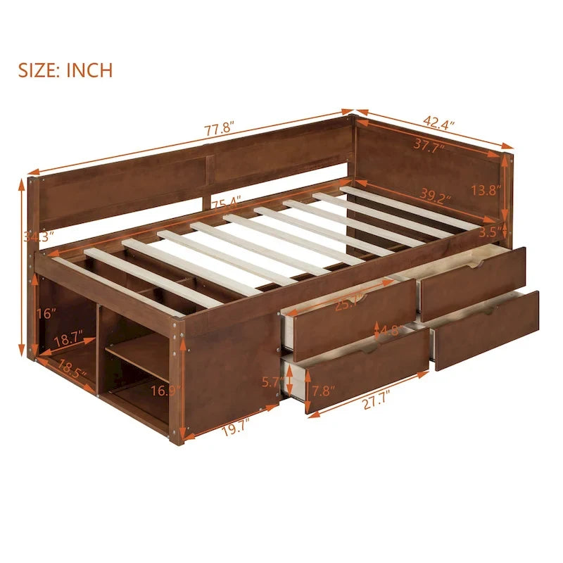 Twin Size Daybed with 2 Pull-Out Drawers & 3 Shelves, Wood Frame, Modern Storage Bed
