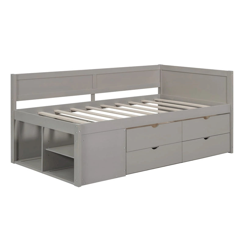 Twin Size Daybed with 2 Pull-Out Drawers & 3 Shelves, Wood Frame, Modern Storage Bed