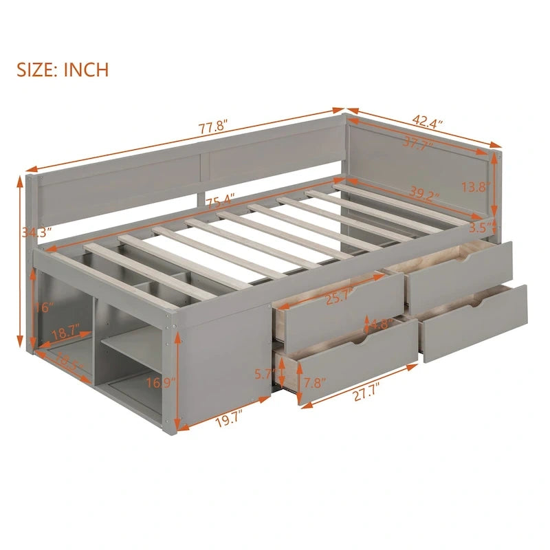 Twin Size Daybed with 2 Pull-Out Drawers & 3 Shelves, Wood Frame, Modern Storage Bed