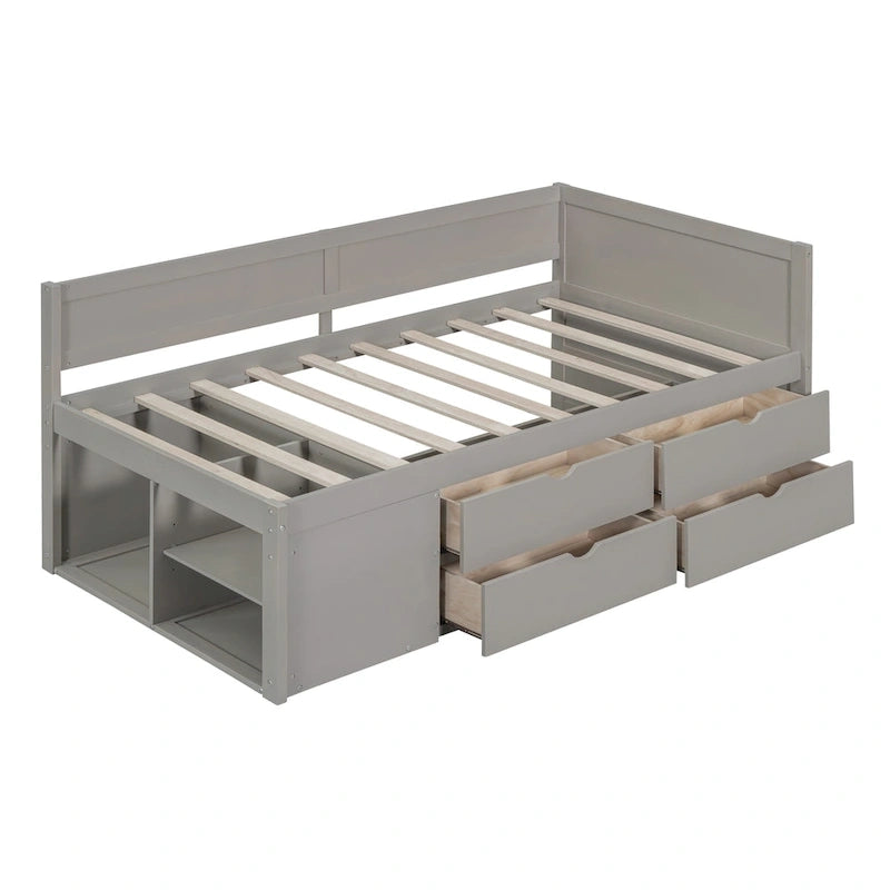 Twin Size Daybed with 2 Pull-Out Drawers & 3 Shelves, Wood Frame, Modern Storage Bed