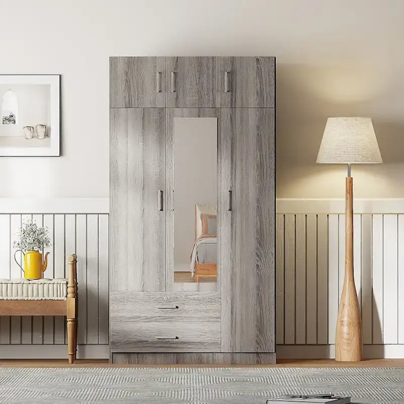 Mirror Wardrobe with 2 Drawers and Top Cabinet by