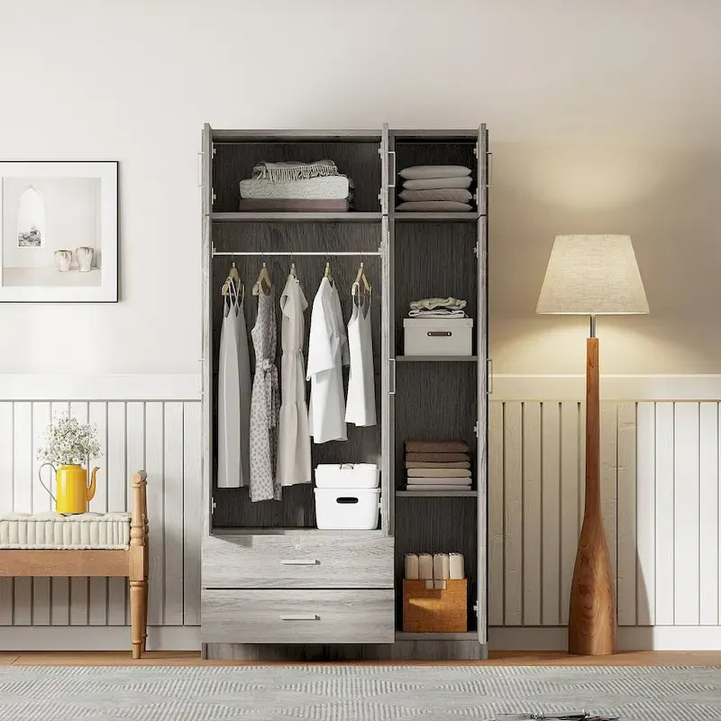 Mirror Wardrobe with 2 Drawers and Top Cabinet by