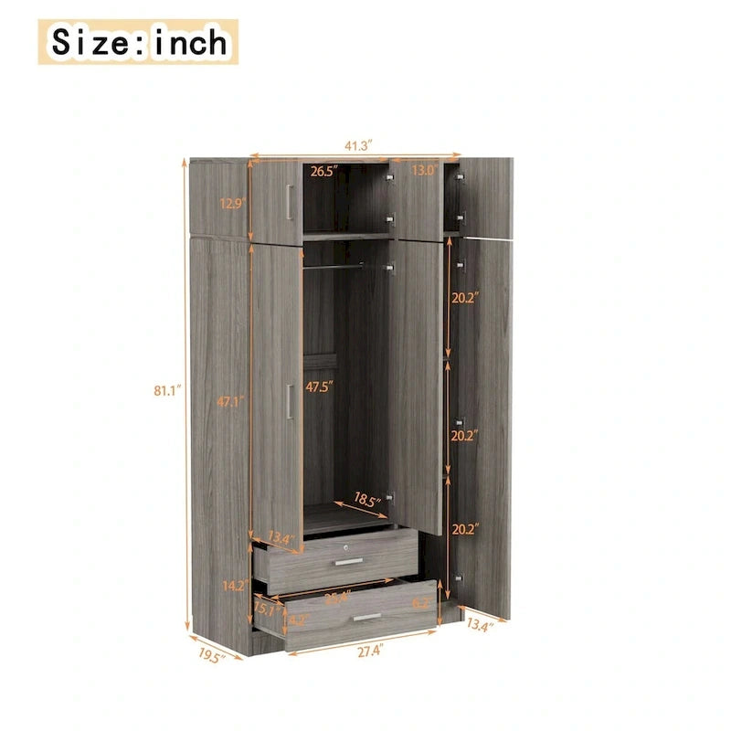 Mirror Wardrobe with 2 Drawers and Top Cabinet by