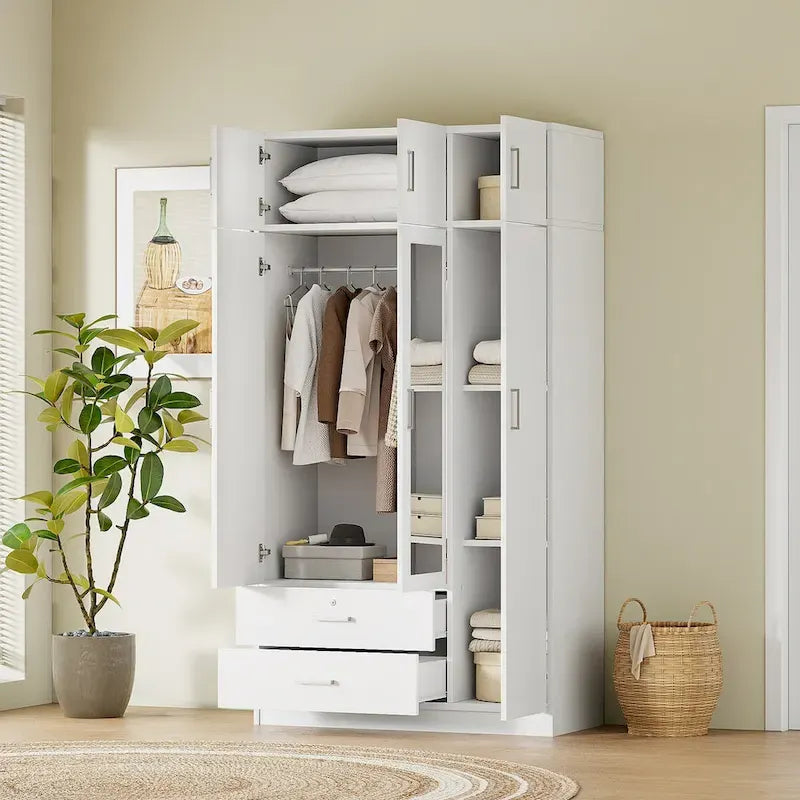 Mirror Wardrobe with 2 Drawers and Top Cabinet by