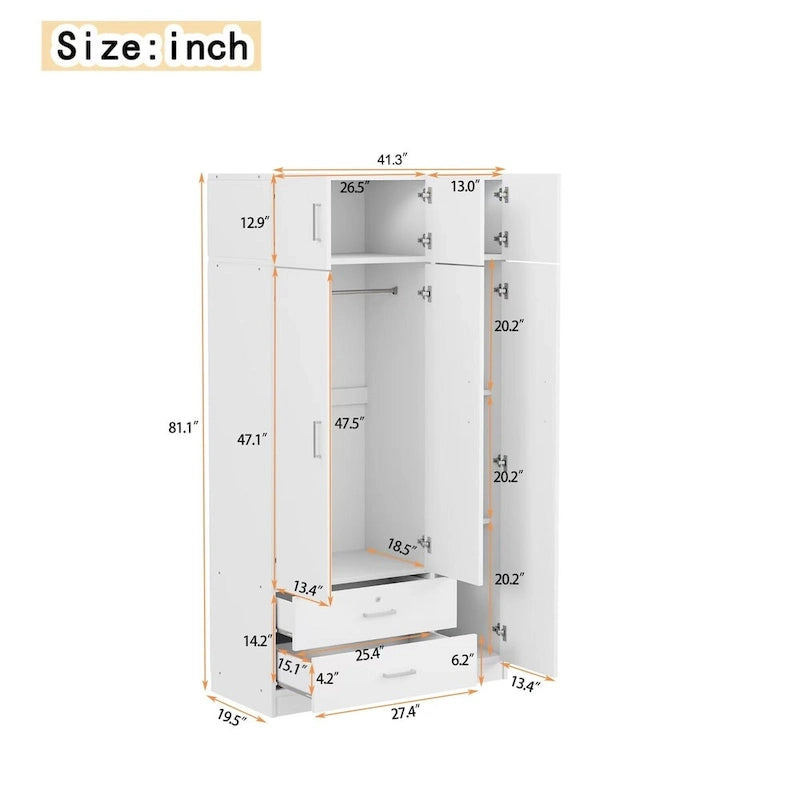Mirror Wardrobe with 2 Drawers and Top Cabinet by