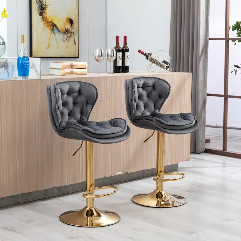 Adjustable Height Bar Stool Set of 2, Upholstered Foam Seat, Swivel, Footrest, Gold Metal Frame