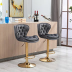 Adjustable Height Bar Stool Set of 2, Upholstered Foam Seat, Swivel, Footrest, Gold Metal Frame