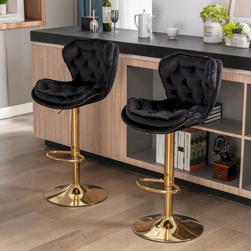 Adjustable Height Bar Stool Set of 2, Upholstered Foam Seat, Swivel, Footrest, Gold Metal Frame