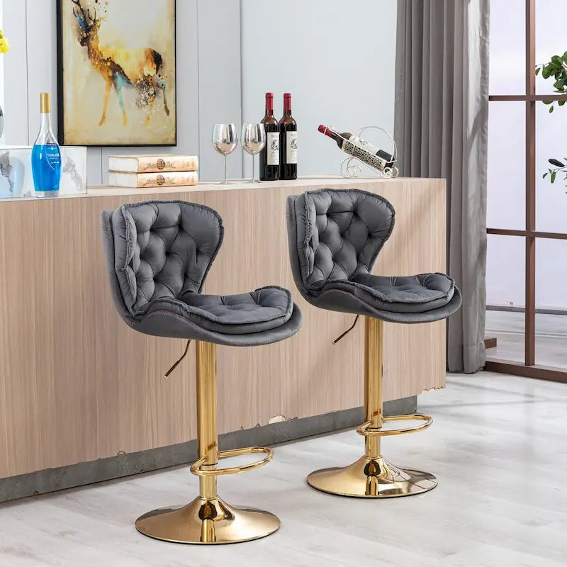 Adjustable Height Bar Stool Set of 2, Upholstered Foam Seat, Swivel, Footrest, Gold Metal Frame