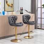 Adjustable Height Bar Stool Set of 2, Upholstered Foam Seat, Swivel, Footrest, Gold Metal Frame