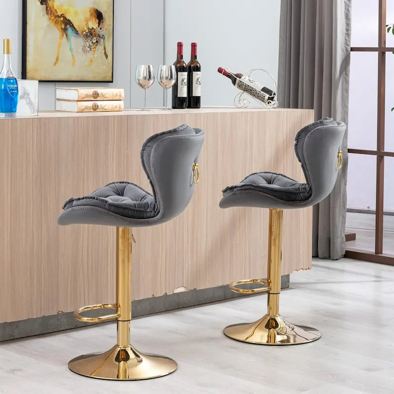 Adjustable Height Bar Stool Set of 2, Upholstered Foam Seat, Swivel, Footrest, Gold Metal Frame