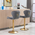 Adjustable Height Bar Stool Set of 2, Upholstered Foam Seat, Swivel, Footrest, Gold Metal Frame