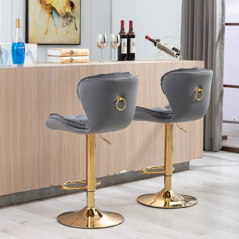 Adjustable Height Bar Stool Set of 2, Upholstered Foam Seat, Swivel, Footrest, Gold Metal Frame