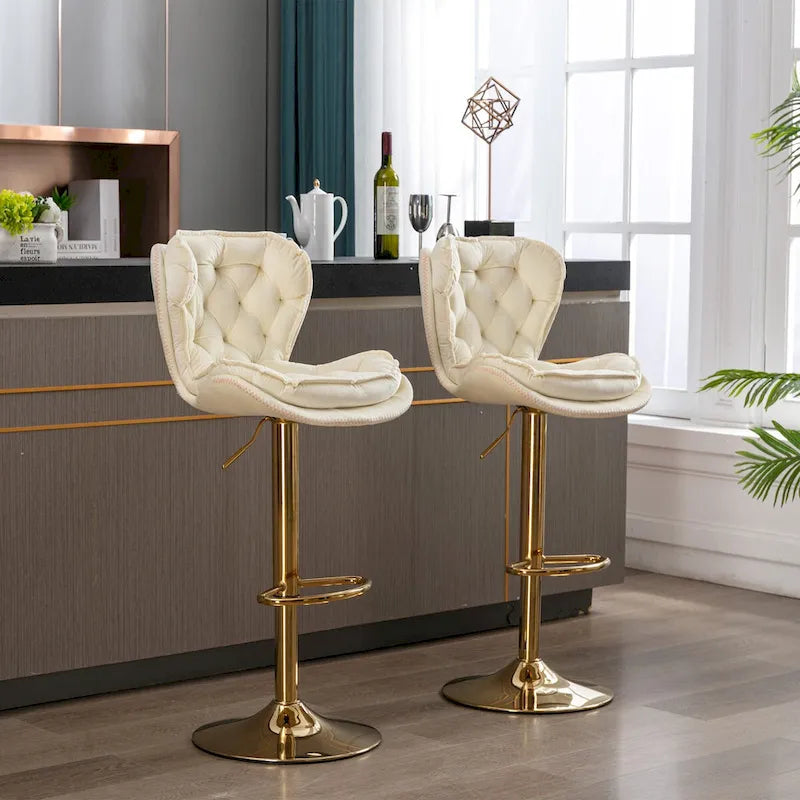Adjustable Height Bar Stool Set of 2, Upholstered Foam Seat, Swivel, Footrest, Gold Metal Frame