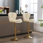 Adjustable Height Bar Stool Set of 2, Upholstered Foam Seat, Swivel, Footrest, Gold Metal Frame