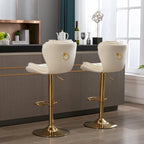 Adjustable Height Bar Stool Set of 2, Upholstered Foam Seat, Swivel, Footrest, Gold Metal Frame