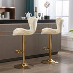 Adjustable Height Bar Stool Set of 2, Upholstered Foam Seat, Swivel, Footrest, Gold Metal Frame