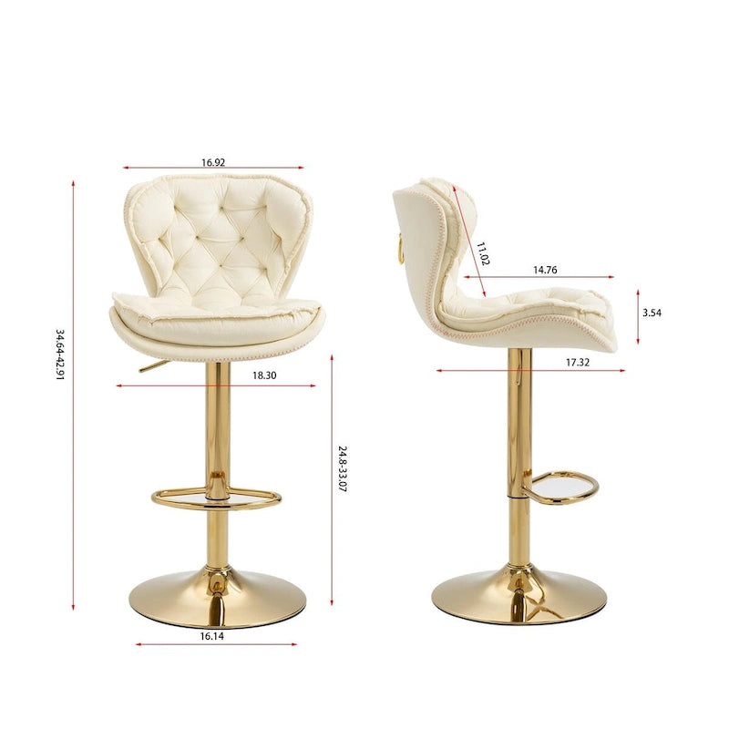 Adjustable Height Bar Stool Set of 2, Upholstered Foam Seat, Swivel, Footrest, Gold Metal Frame