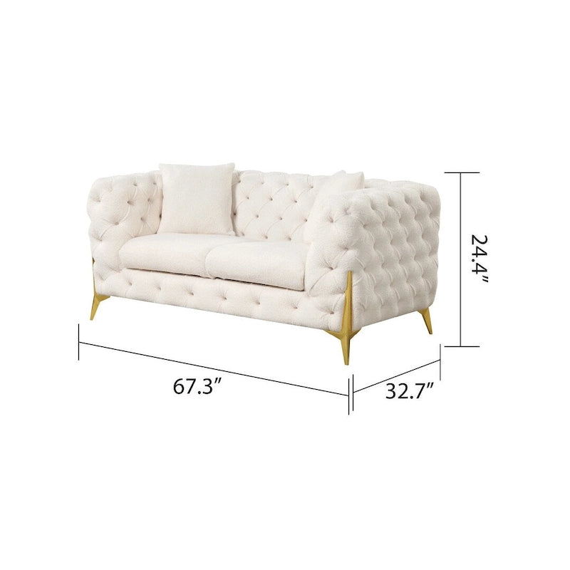 3-Piece Sofa Set with Loveseat & Chair, Buckle Fabric, Button-Tufted, Gold Legs, High-Density Foam