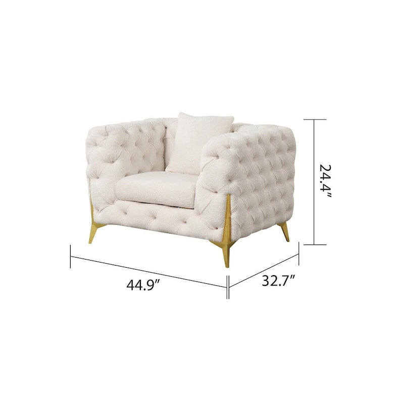 3-Piece Sofa Set with Loveseat & Chair, Buckle Fabric, Button-Tufted, Gold Legs, High-Density Foam