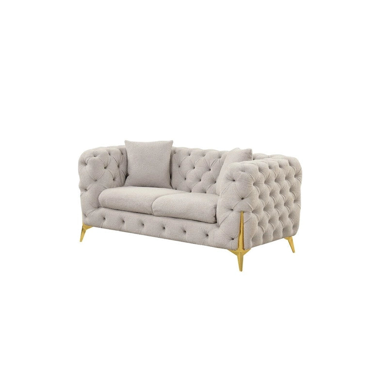 3-Piece Sofa Set with Loveseat & Chair, Buckle Fabric, Button-Tufted, Gold Legs, High-Density Foam