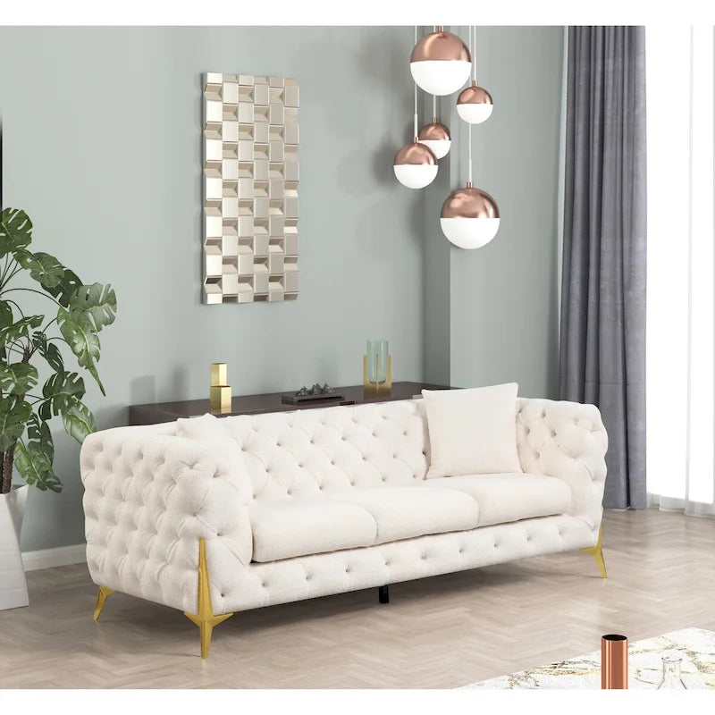3-Piece Sofa Set with Loveseat & Chair, Buckle Fabric, Button-Tufted, Gold Legs, High-Density Foam