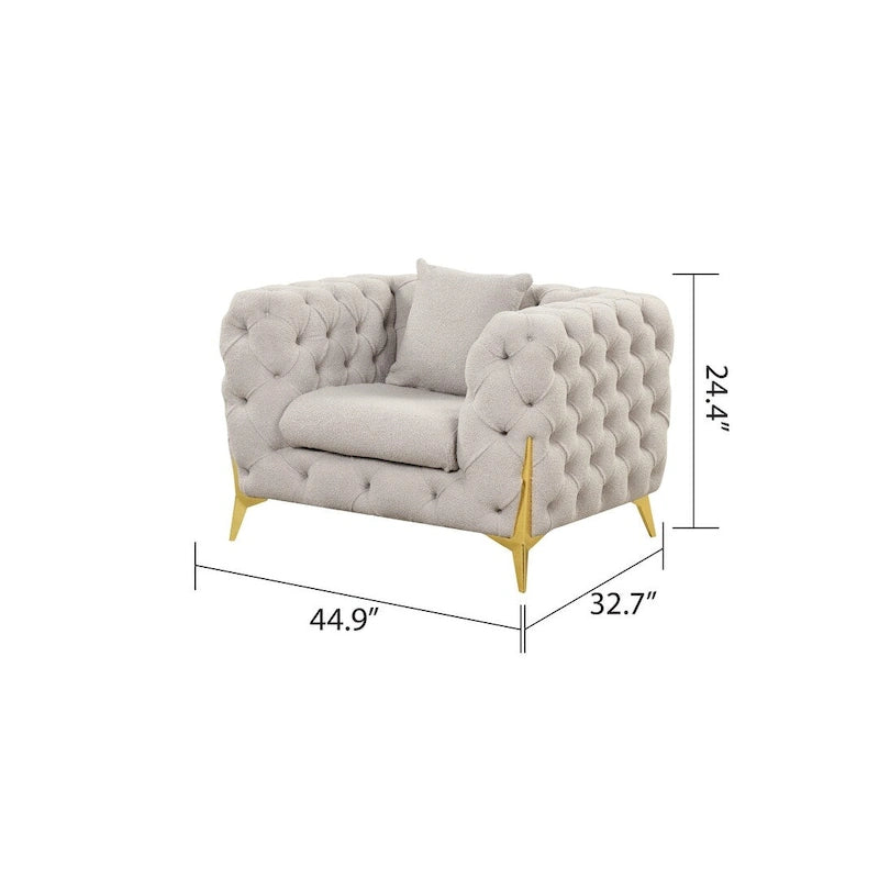 3-Piece Sofa Set with Loveseat & Chair, Buckle Fabric, Button-Tufted, Gold Legs, High-Density Foam