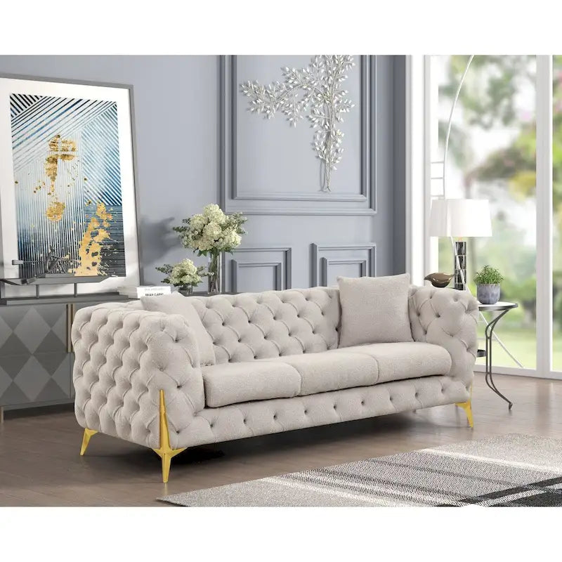 3-Piece Sofa Set with Loveseat & Chair, Buckle Fabric, Button-Tufted, Gold Legs, High-Density Foam