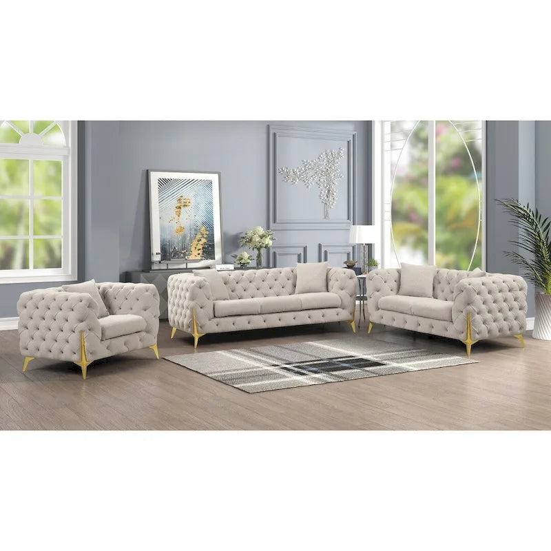 3-Piece Sofa Set with Loveseat & Chair, Buckle Fabric, Button-Tufted, Gold Legs, High-Density Foam
