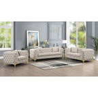 3-Piece Sofa Set with Loveseat & Chair, Buckle Fabric, Button-Tufted, Gold Legs, High-Density Foam