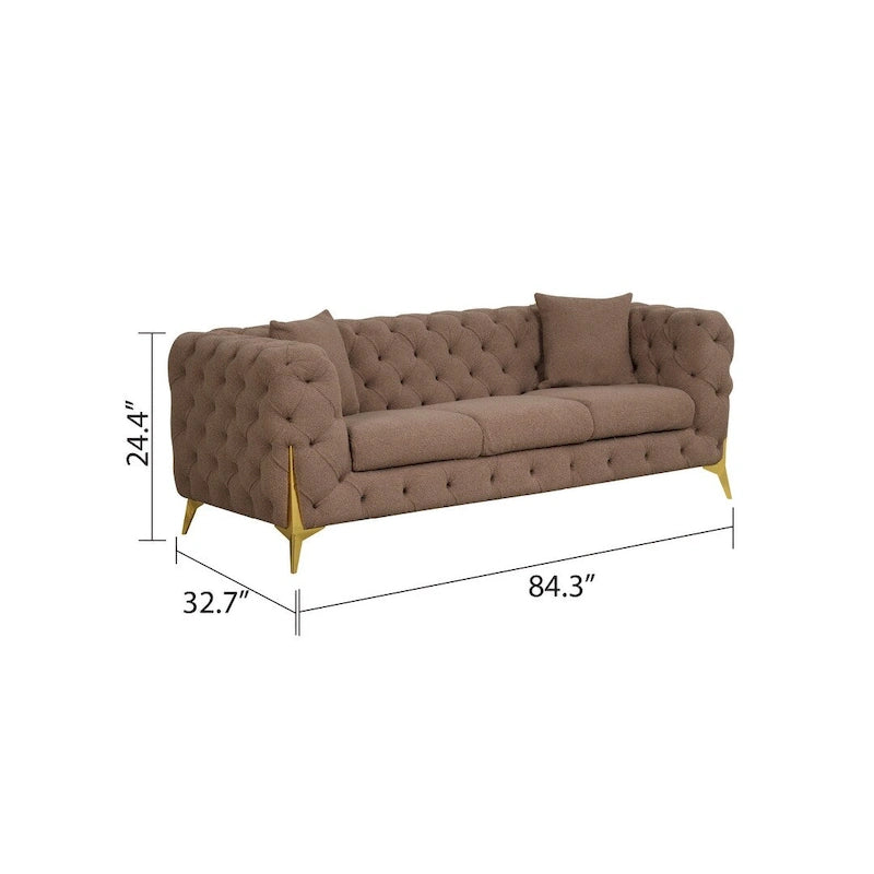 3-Piece Sofa Set with Loveseat & Chair, Buckle Fabric, Button-Tufted, Gold Legs, High-Density Foam