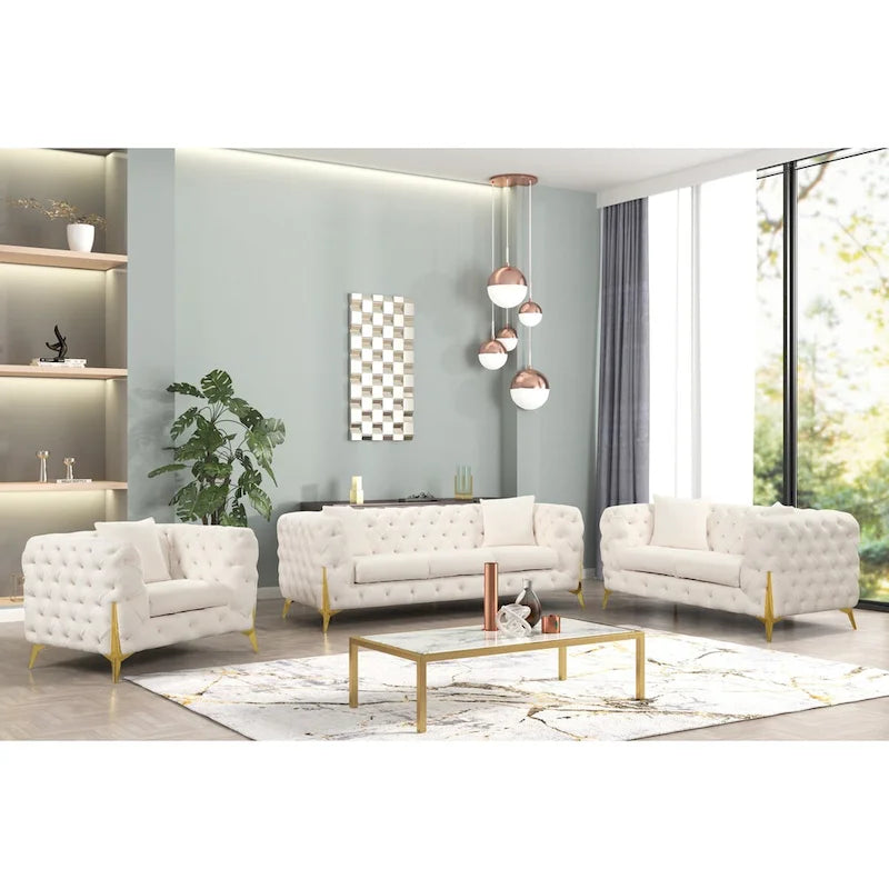 3-Piece Sofa Set with Loveseat & Chair, Buckle Fabric, Button-Tufted, Gold Legs, High-Density Foam