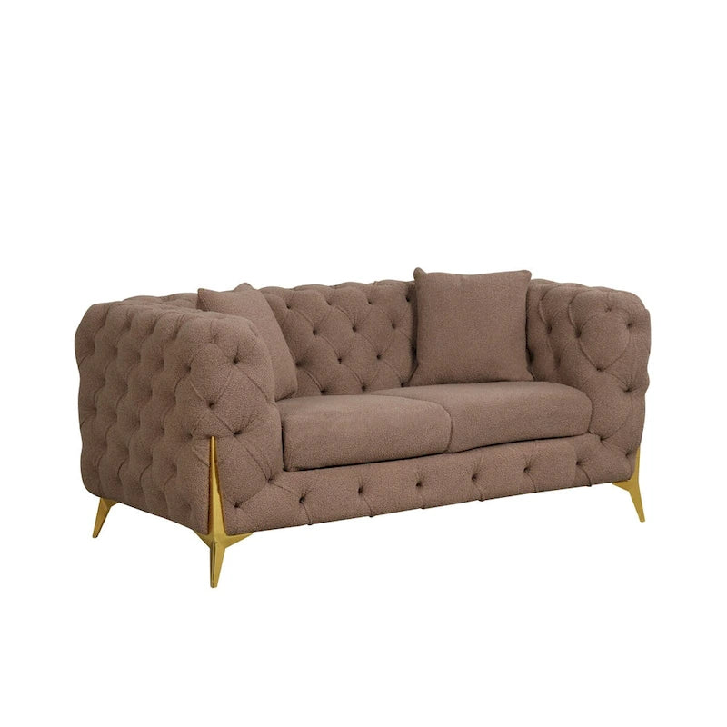 3-Piece Sofa Set with Loveseat & Chair, Buckle Fabric, Button-Tufted, Gold Legs, High-Density Foam