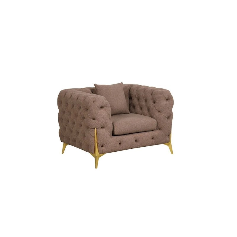 3-Piece Sofa Set with Loveseat & Chair, Buckle Fabric, Button-Tufted, Gold Legs, High-Density Foam