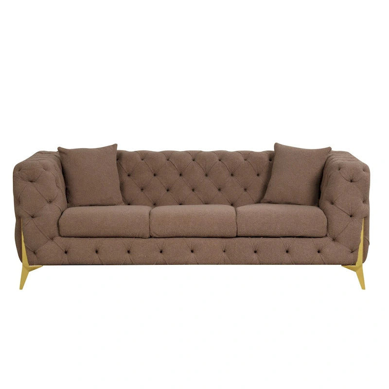 3-Piece Sofa Set with Loveseat & Chair, Buckle Fabric, Button-Tufted, Gold Legs, High-Density Foam