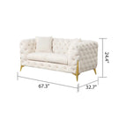 3-Piece Sofa Set with Loveseat & Chair, Buckle Fabric, Button-Tufted, Gold Legs, High-Density Foam
