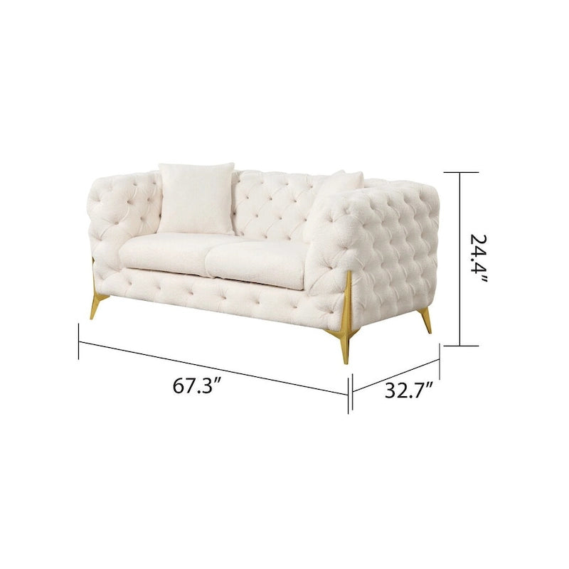3-Piece Sofa Set with Loveseat & Chair, Buckle Fabric, Button-Tufted, Gold Legs, High-Density Foam