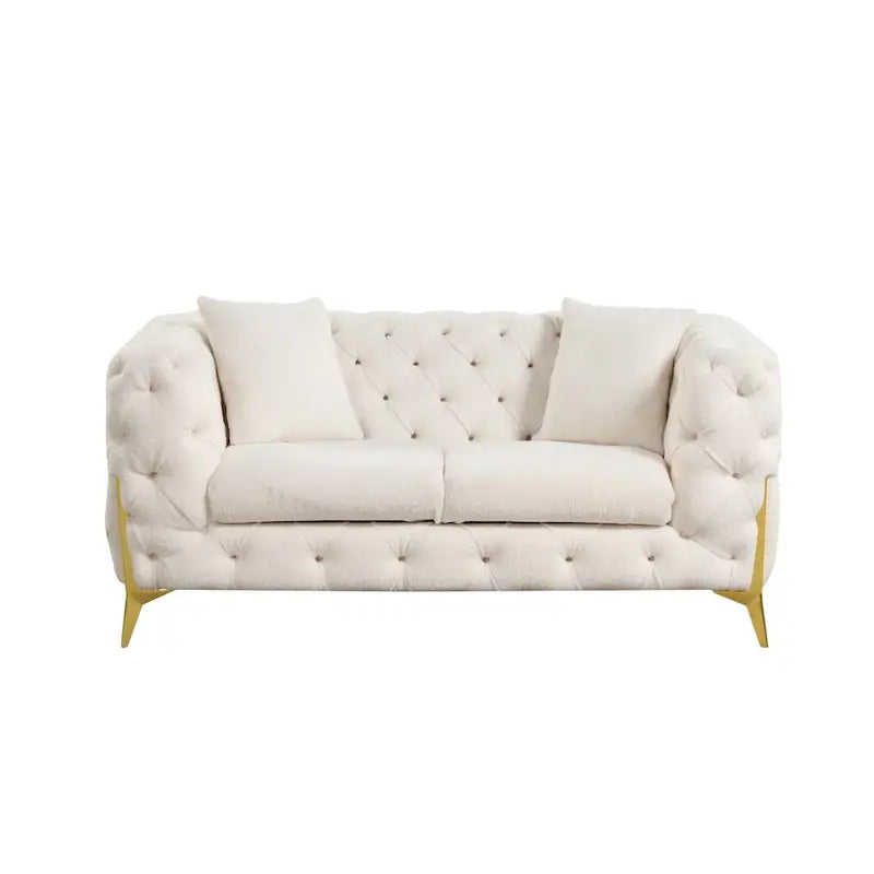 3-Piece Sofa Set with Loveseat & Chair, Buckle Fabric, Button-Tufted, Gold Legs, High-Density Foam