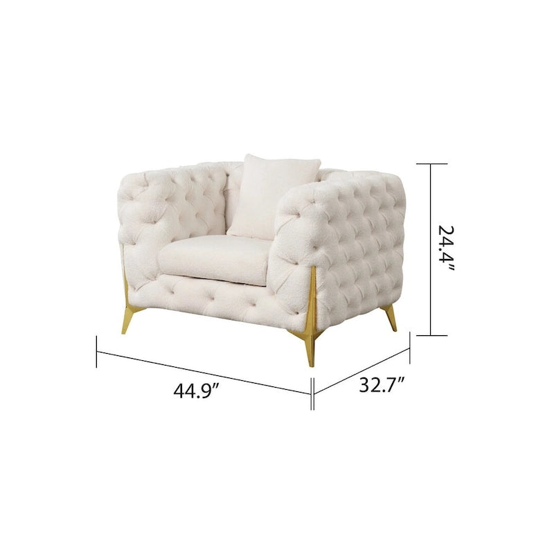 3-Piece Sofa Set with Loveseat & Chair, Buckle Fabric, Button-Tufted, Gold Legs, High-Density Foam
