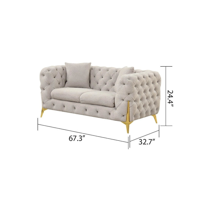 3-Piece Sofa Set with Loveseat & Chair, Buckle Fabric, Button-Tufted, Gold Legs, High-Density Foam