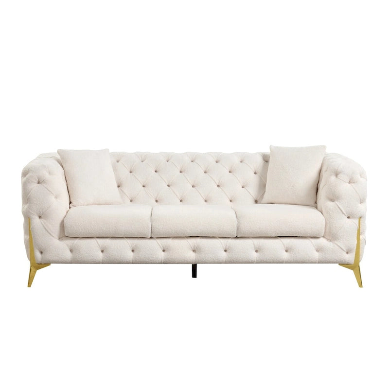 3-Piece Sofa Set with Loveseat & Chair, Buckle Fabric, Button-Tufted, Gold Legs, High-Density Foam