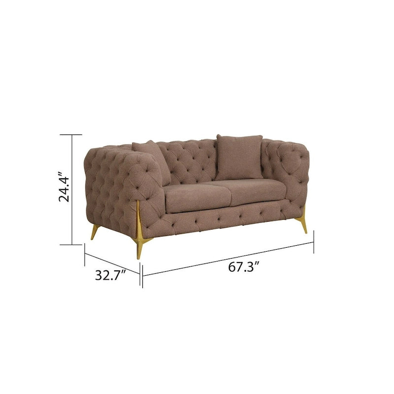 3-Piece Sofa Set with Loveseat & Chair, Buckle Fabric, Button-Tufted, Gold Legs, High-Density Foam