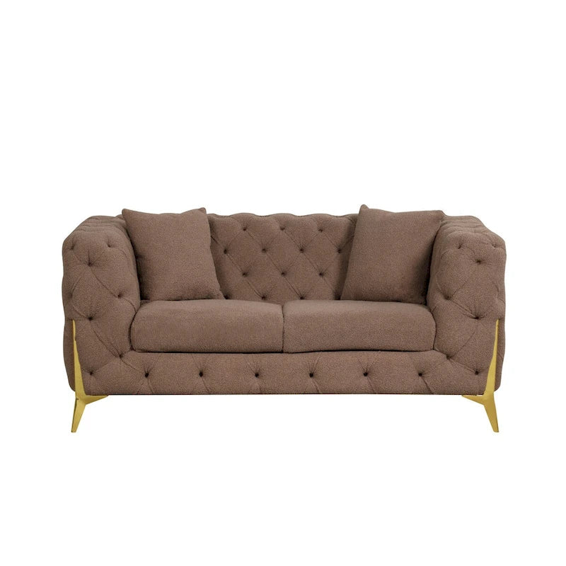 3-Piece Sofa Set with Loveseat & Chair, Buckle Fabric, Button-Tufted, Gold Legs, High-Density Foam